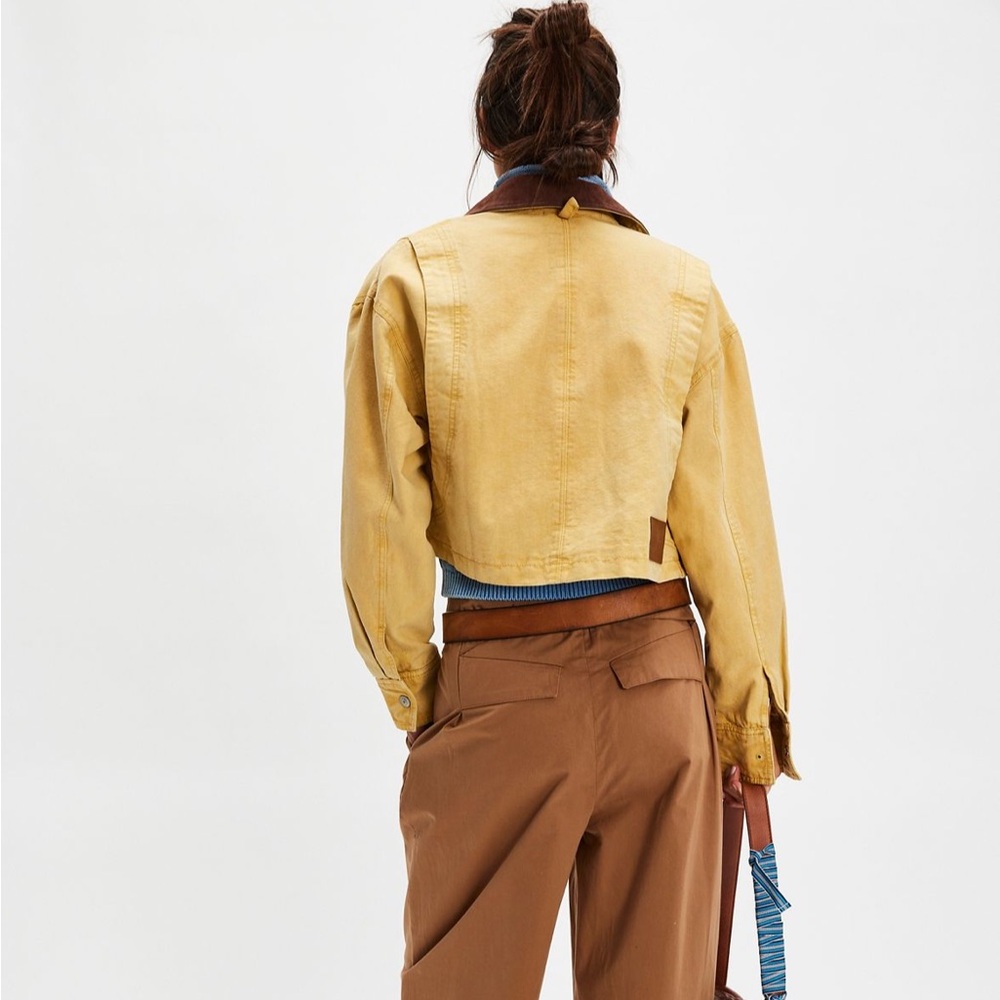 Free People We The Free Cropped Martha Yellow Jacket with Brown Collar size XS - Picture 3 of 7